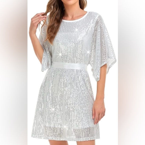 Dresses & Skirts - White with silver sequins mini dress —size S